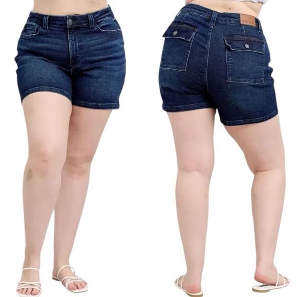 Judy Blue High Rise Jean Shorts Dark Wash Back Flap Pocket Stretch Denim NWT - Picture 2 of 11
